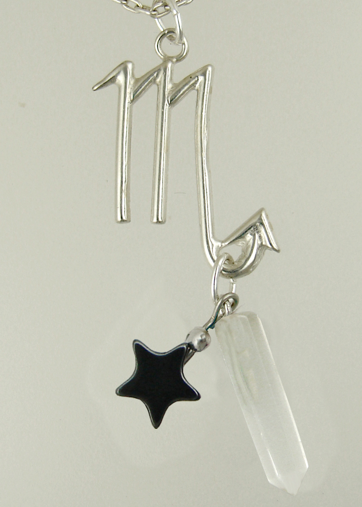 Sterling Silver Scorpio Pendant Necklace With an Clear Crystal And a Black Onyx Star